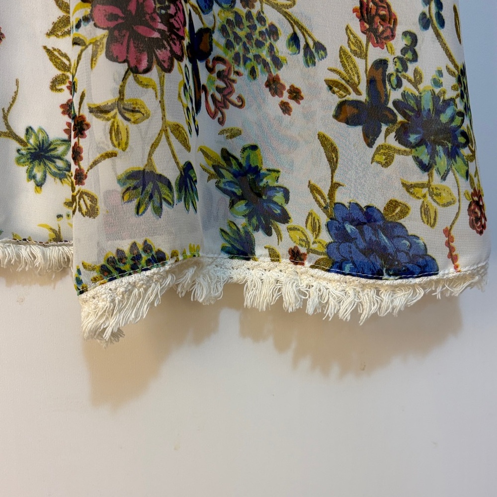 Skies Are Blue Floral Kimono Cardigan Medium Boho Sheer Fringe Hem Festival - Picture 6 of 14